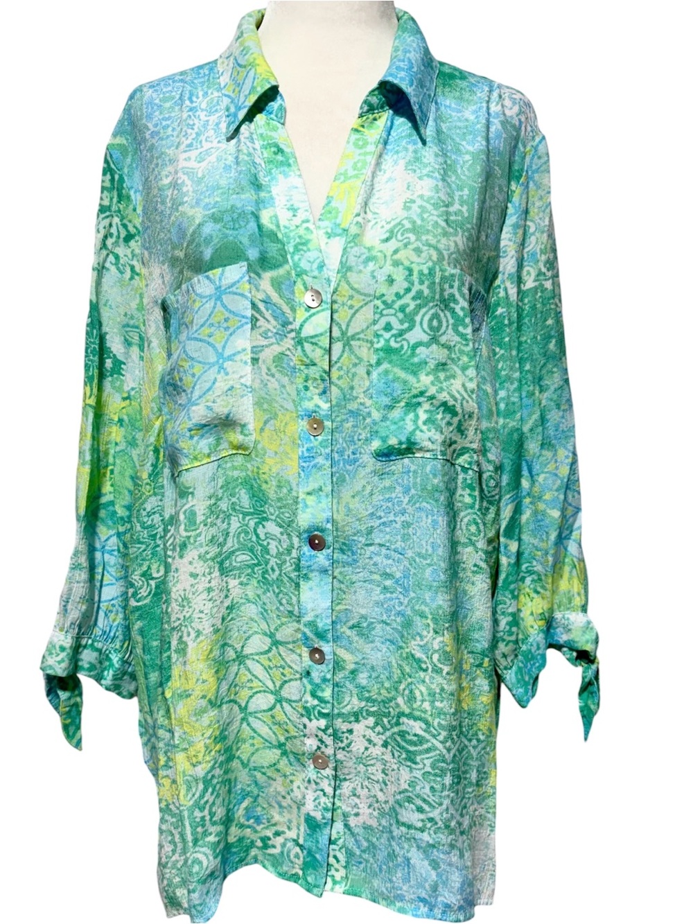 Ruby Rd Tie 3/4 Sleeve Patch Pocket Button Down Blouse Blue Green Petite XL
